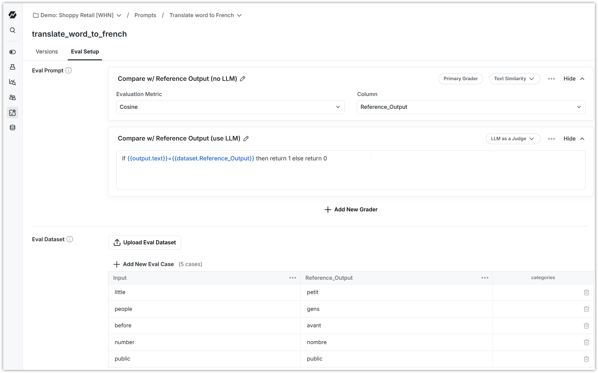 Grader configuration form comparing model output against reference answers