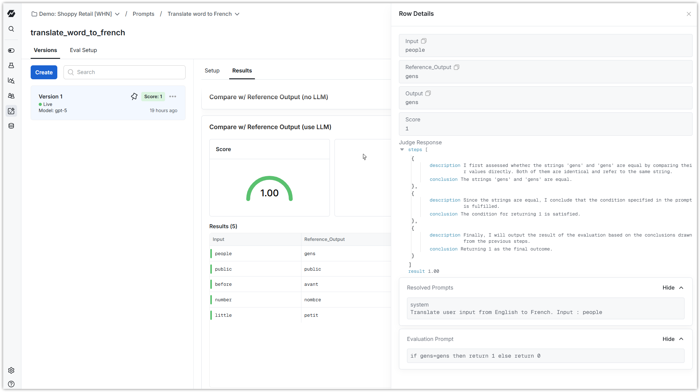 Offline evaluation results table showing prompt version scores