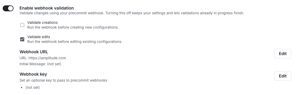 Pre-commit webhook create and edit controls