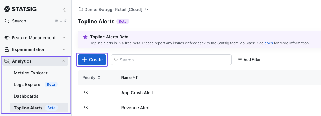 Alert setup step 1
