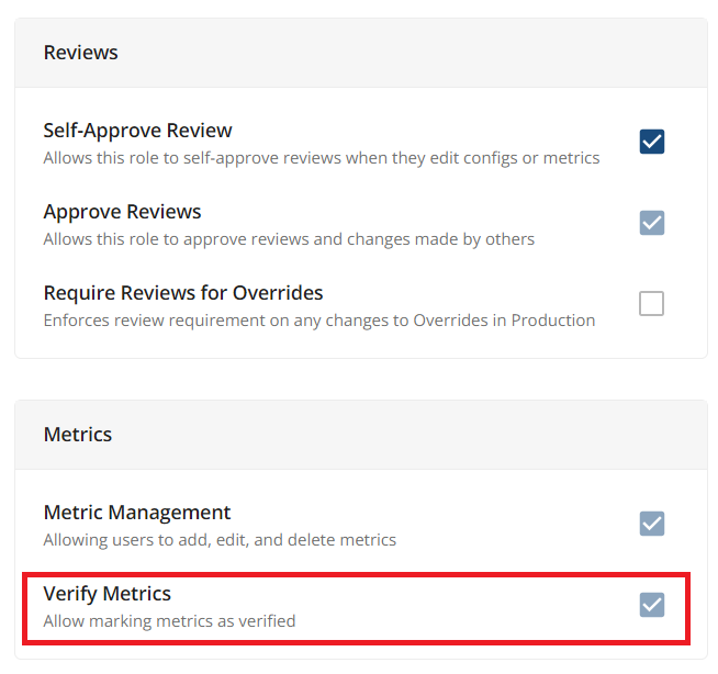 Admin role permissions for metric verification