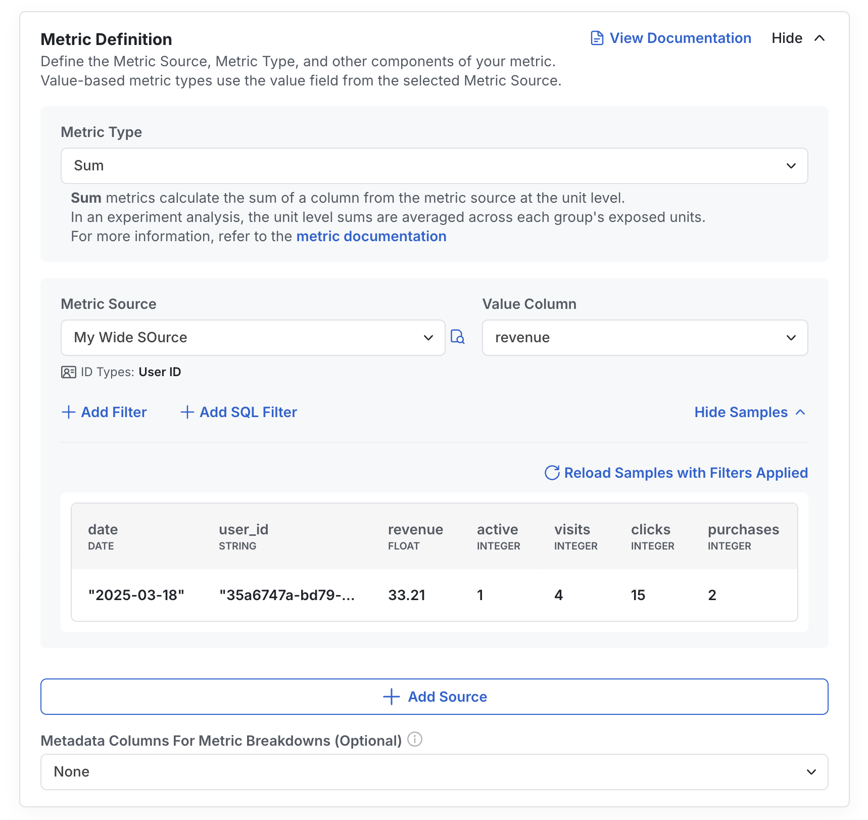 Sum metric configuration for revenue column